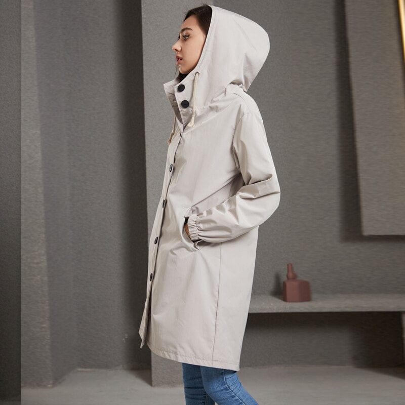 Stella | Waterdichte Lange Trenchcoat met Capuchon-Zomer Jassen-Calora-Zwart-S-Calora