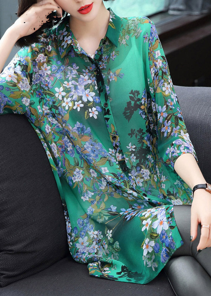 Stijlvolle Chiffon Blouse met Kraag en Print-Blouses-Calora-Groen-S-Calora
