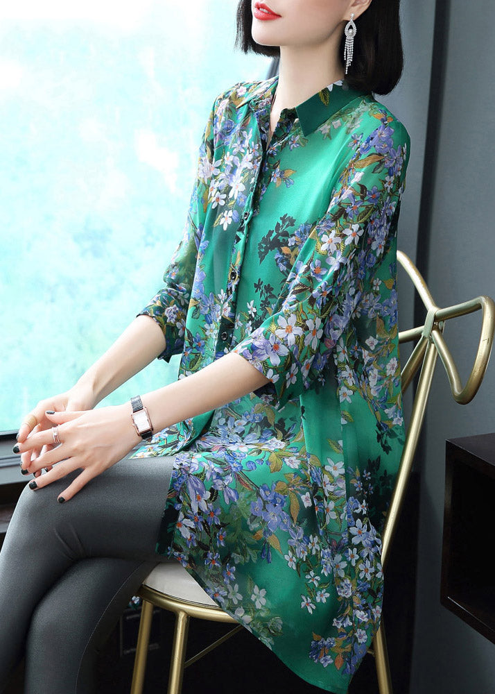 Stijlvolle Chiffon Blouse met Kraag en Print-Blouses-Calora-Groen-S-Calora