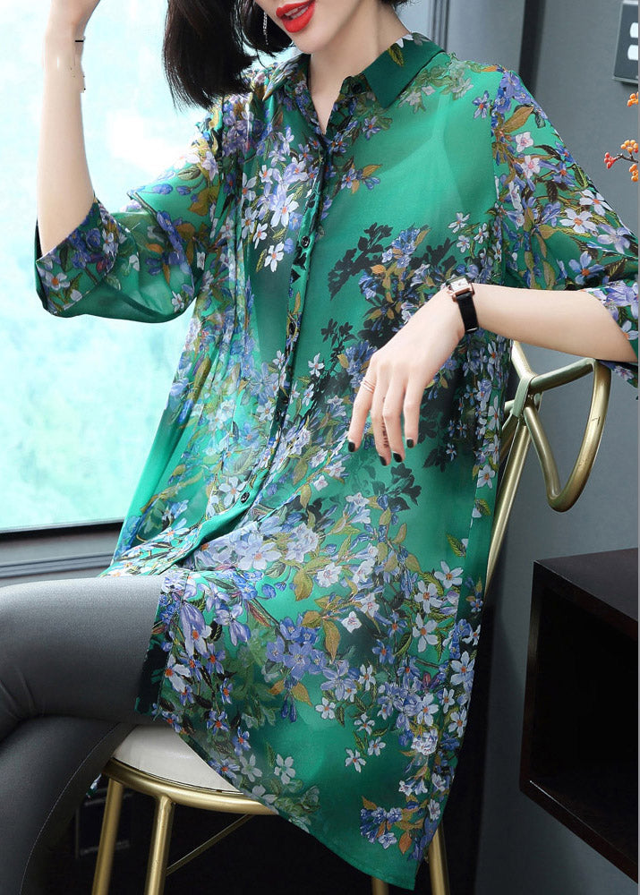 Stijlvolle Chiffon Blouse met Kraag en Print-Blouses-Calora-Groen-S-Calora