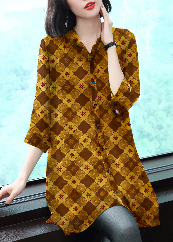Stijlvolle Chiffon Blouse met Kraag en Print-Blouses-Calora-Groen-S-Calora