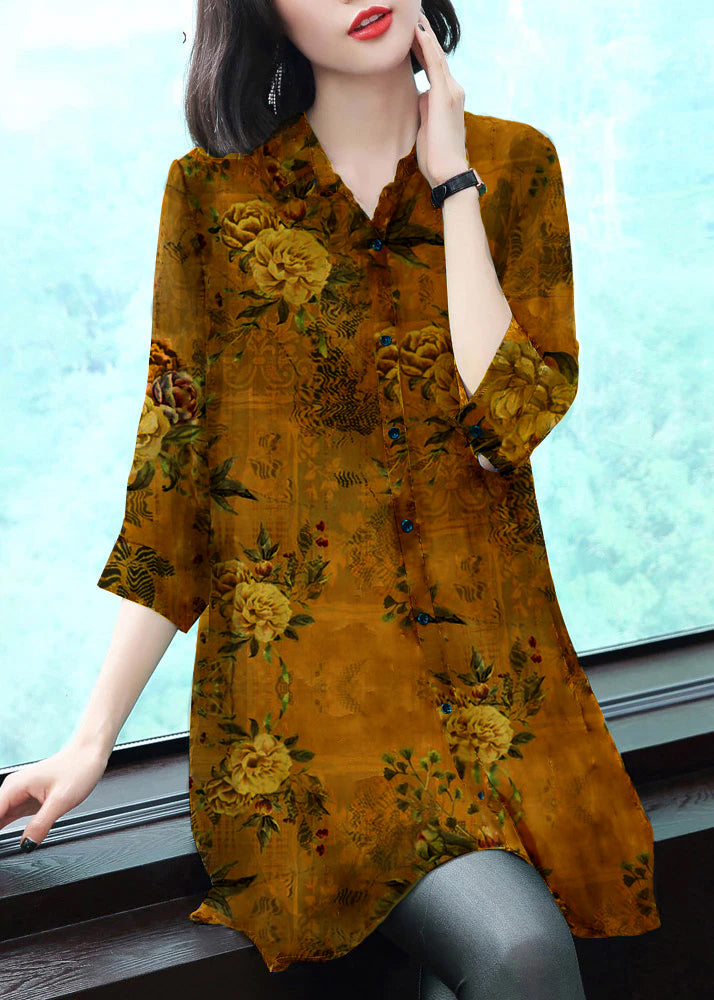 Stijlvolle Chiffon Blouse met Kraag en Print-Blouses-Calora-Groen-S-Calora