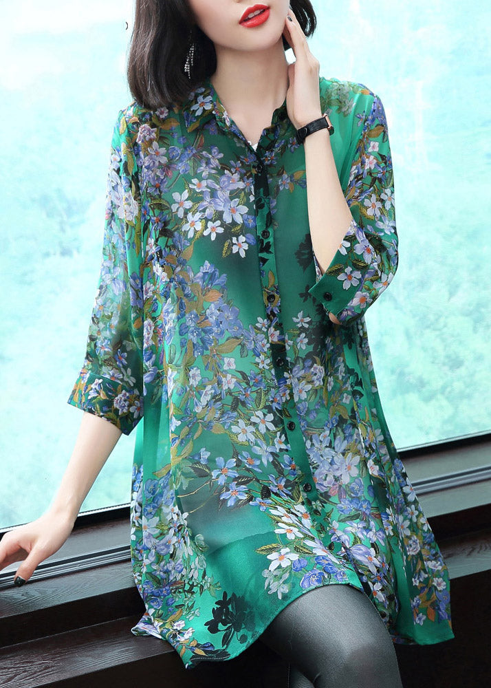 Stijlvolle Chiffon Blouse met Kraag en Print-Blouses-Calora-Groen-S-Calora