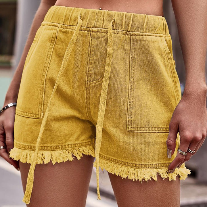 Stijlvolle Dames Korte Broek – Denim Look & Ruffles Afwerking-Korte Broeken-Calora-Geel-S-Calora