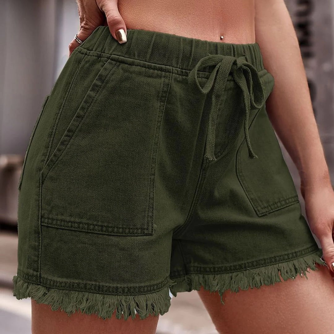 Stijlvolle Dames Korte Broek – Denim Look & Ruffles Afwerking-Korte Broeken-Calora-Legergroen-S-Calora