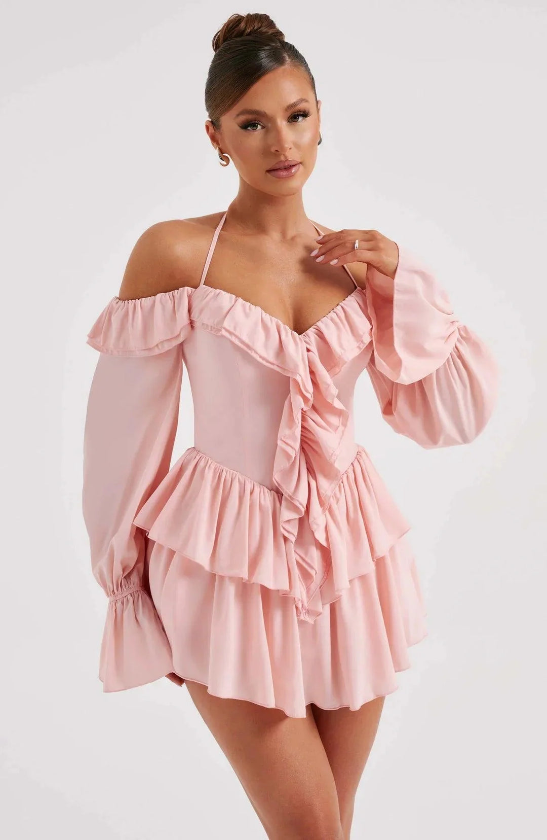 Stijlvolle en Comfortabele Mini Jurk met Ruches-Zomer Jurken-Calora-Roze-XS-Calora