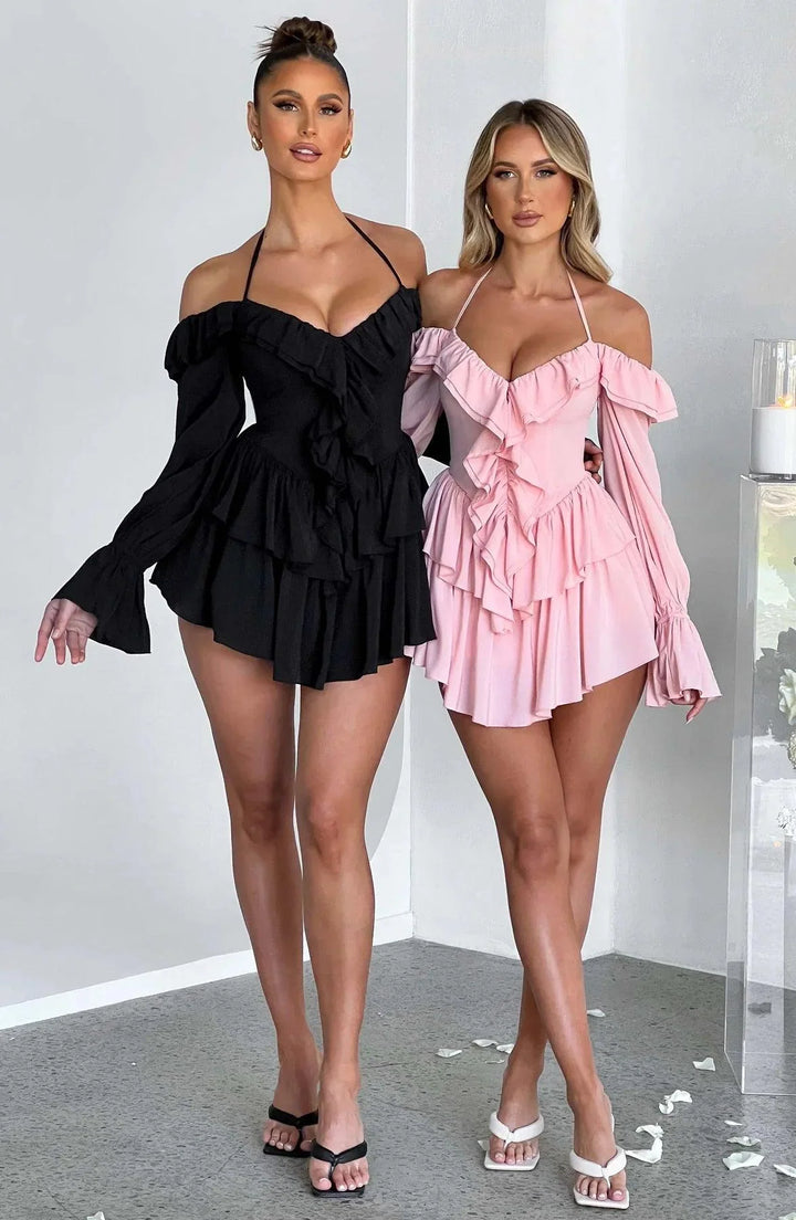 Stijlvolle en Comfortabele Mini Jurk met Ruches-Zomer Jurken-Calora-Zwart-XS-Calora
