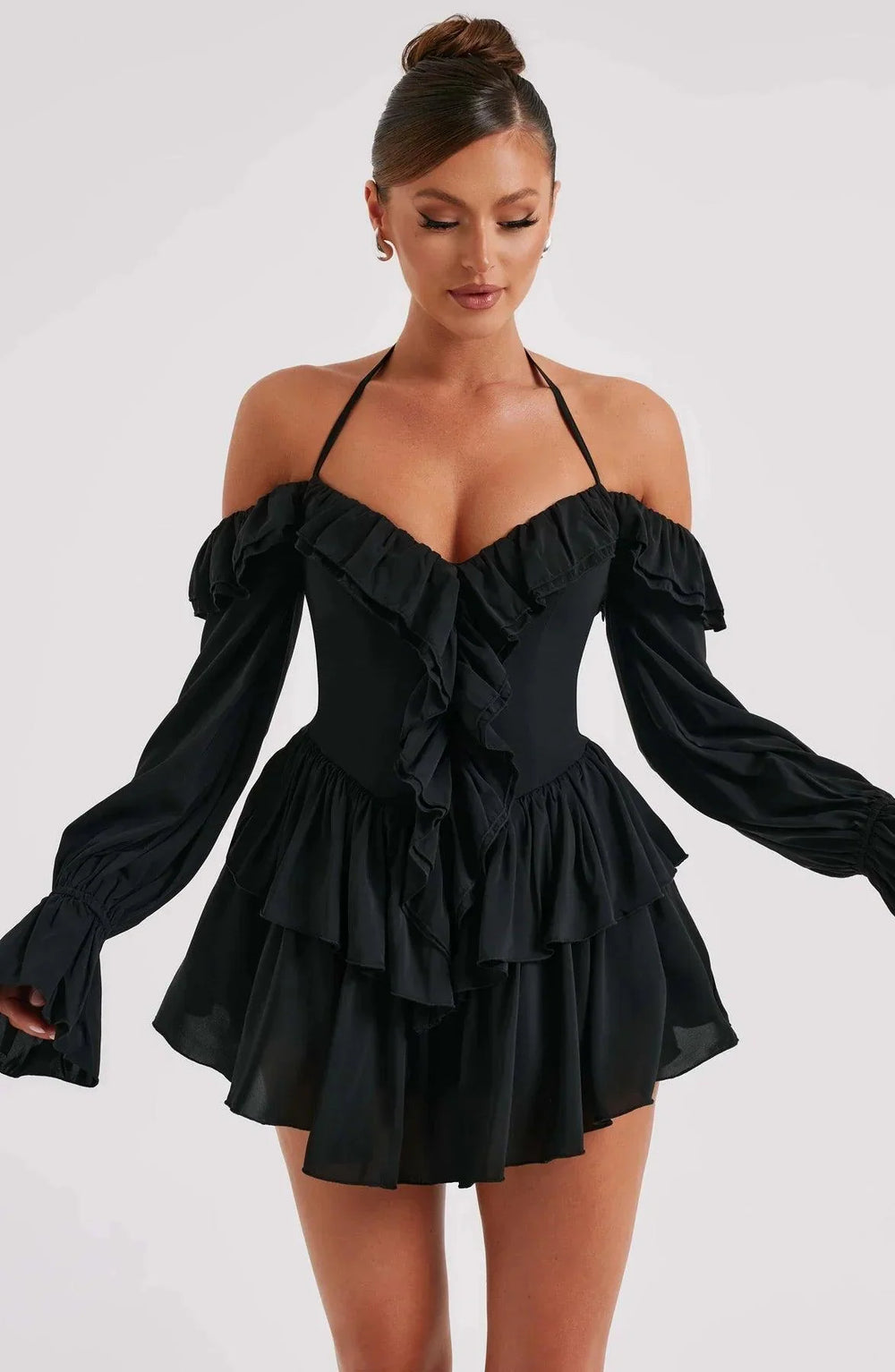 Stijlvolle en Comfortabele Mini Jurk met Ruches-Zomer Jurken-Calora-Zwart-XS-Calora