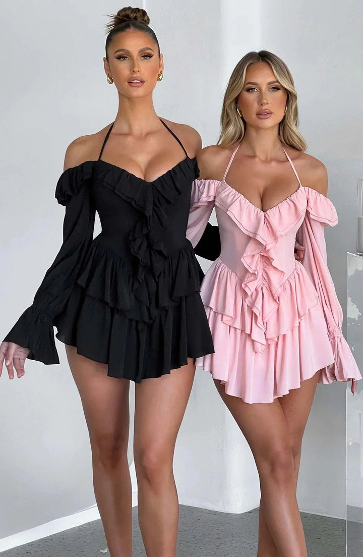 Stijlvolle en Comfortabele Mini Jurk met Ruches-Zomer Jurken-Calora-Zwart-XS-Calora