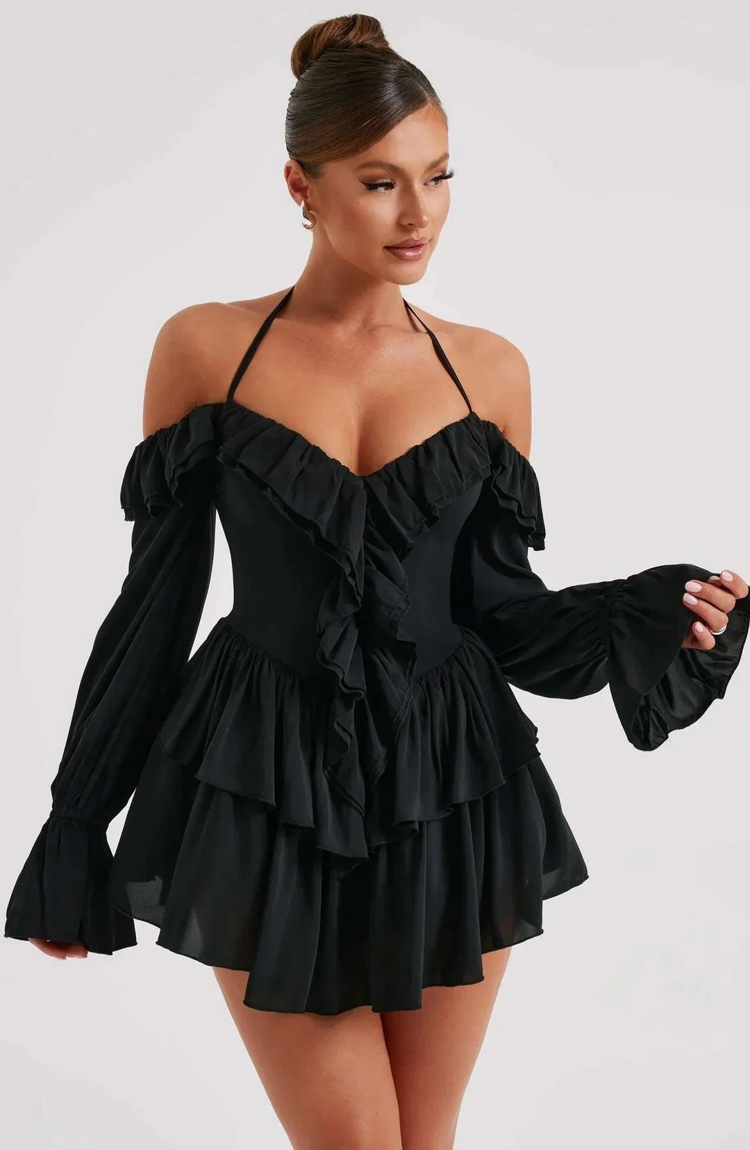 Stijlvolle en Comfortabele Mini Jurk met Ruches-Zomer Jurken-Calora-Zwart-XS-Calora
