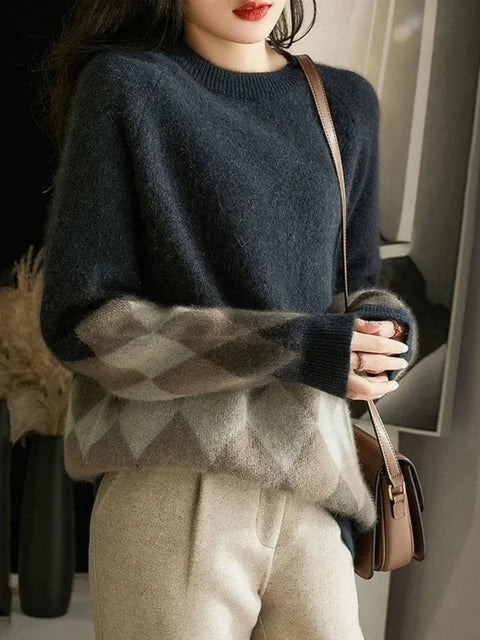Stijlvolle trui met geometrisch patroon-Blazers & Vesten-Calora-Grijs-Eén maat past iedereen-Calora