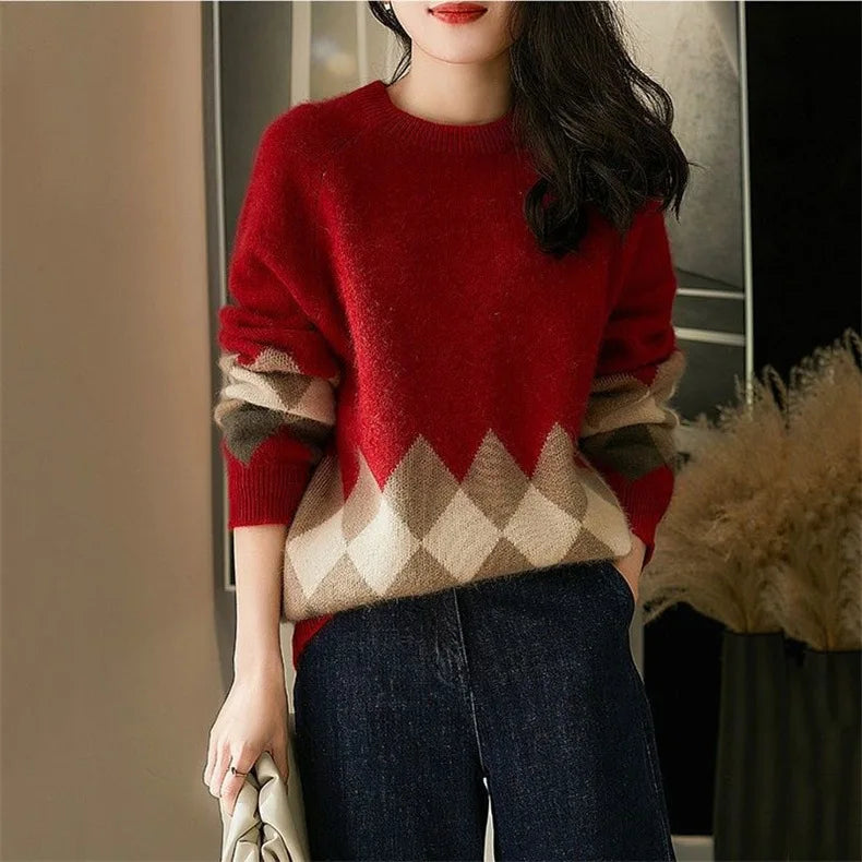 Stijlvolle trui met geometrisch patroon-Blazers & Vesten-Calora-Rood-Eén maat past iedereen-Calora
