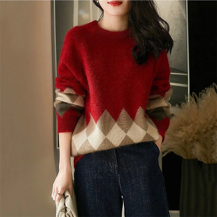 Stijlvolle trui met geometrisch patroon-Blazers & Vesten-Calora-Rood-Eén maat past iedereen-Calora