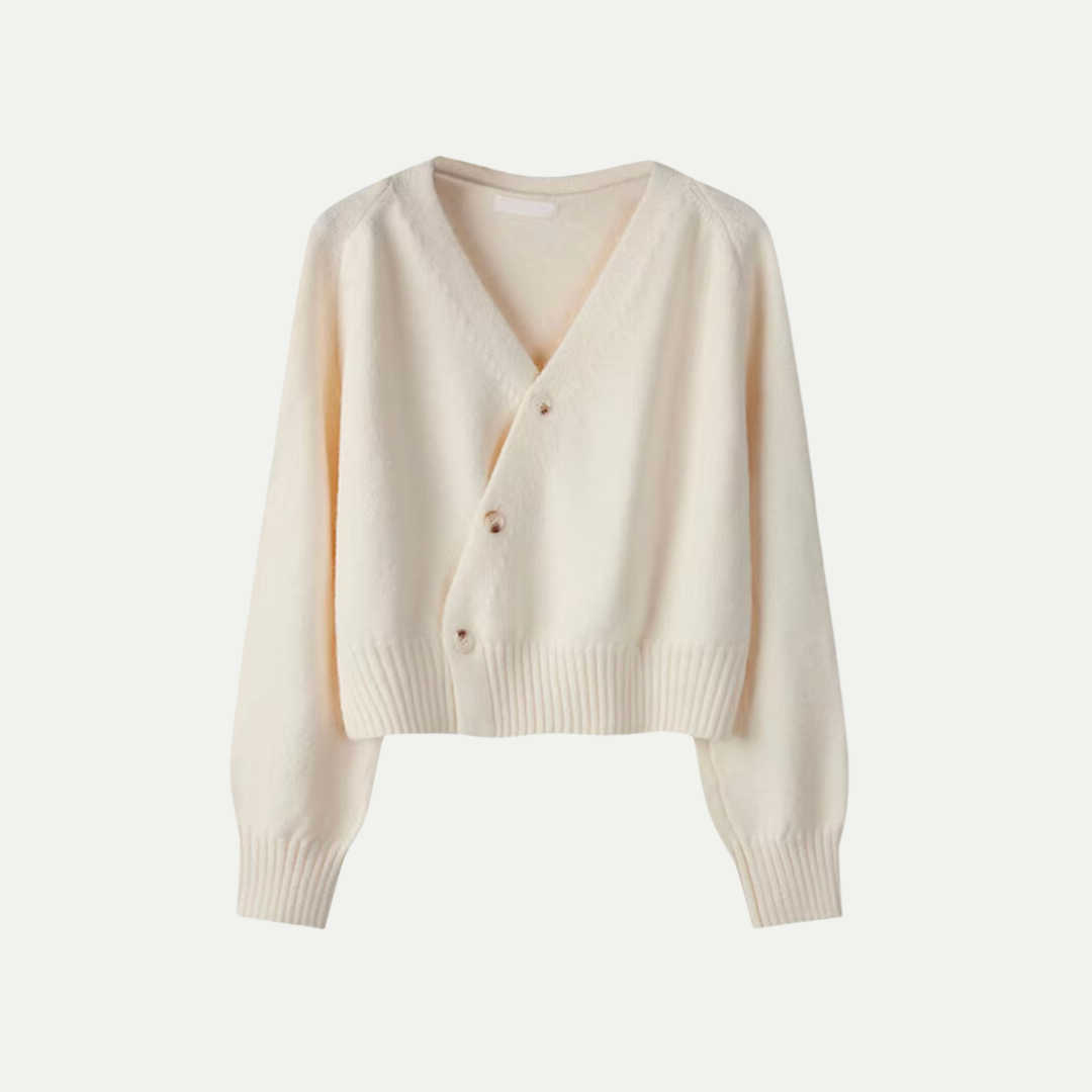 CALORA_ Stijlvolle V-hals Cardigan met Scheve Knopen van Merinowol