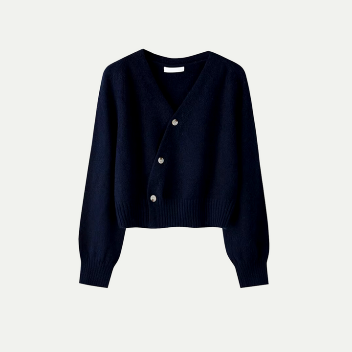 CALORA_ Stijlvolle V-hals Cardigan met Scheve Knopen van Merinowol