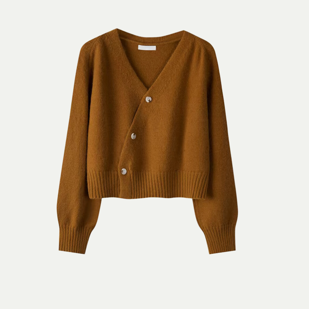 CALORA_ Stijlvolle V-hals Cardigan met Scheve Knopen van Merinowol