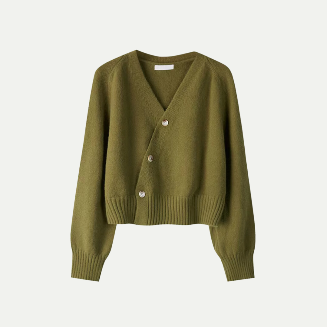 CALORA_ Stijlvolle V-hals Cardigan met Scheve Knopen van Merinowol