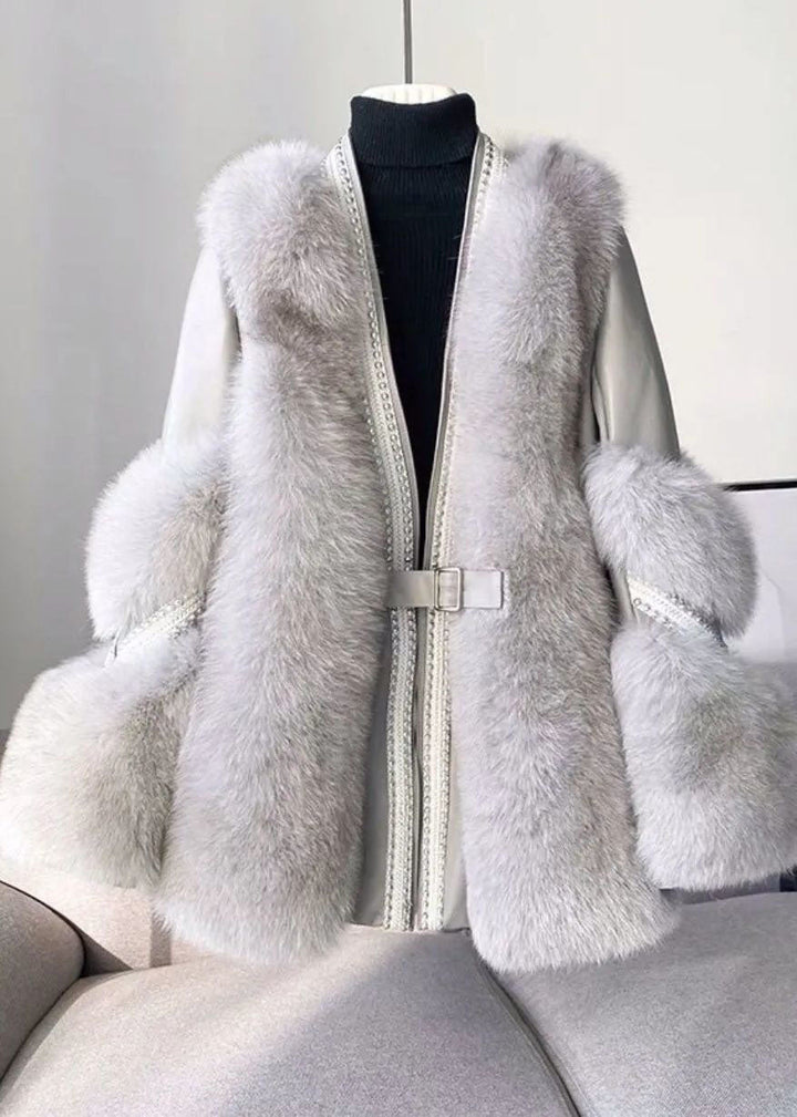 Stijlvolle witte V-hals Zachte fluffy Winterjas-Zomer Jassen-Calora-Wit-S-Calora