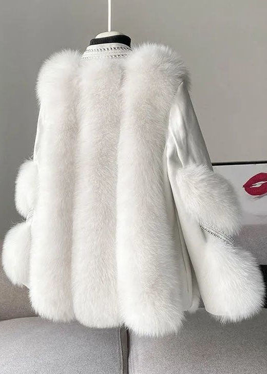 Stijlvolle witte V-hals Zachte fluffy Winterjas-Zomer Jassen-Calora-Wit-S-Calora