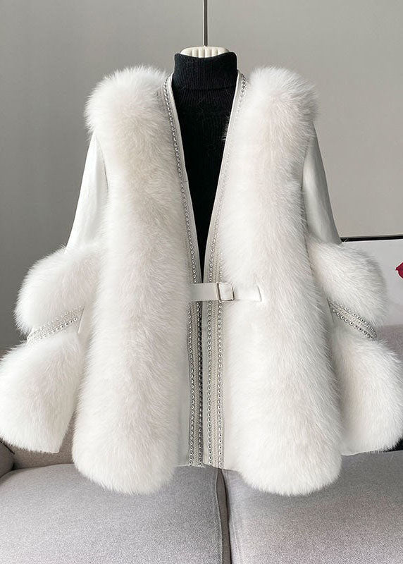 Stijlvolle witte V-hals Zachte fluffy Winterjas-Zomer Jassen-Calora-Wit-S-Calora