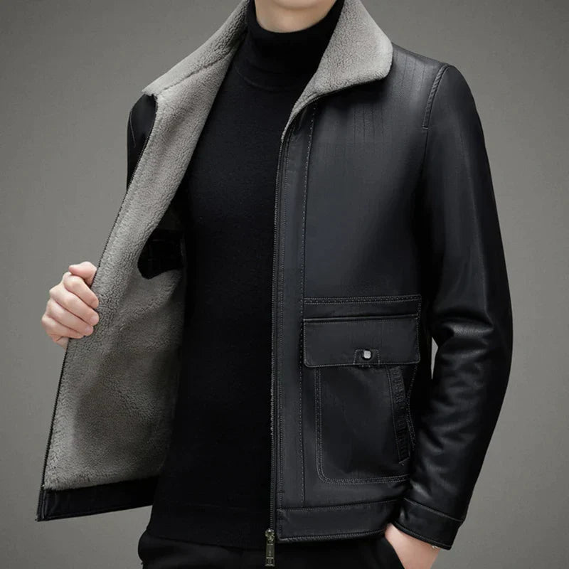 CALORA_ Stiletto | Premium fleece gevoerde zwarte leren jas