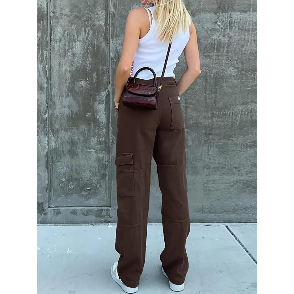 Stoere Cargobroek met zakken voor dames-Wijde Broeken-Calora-Bruin-S-Calora
