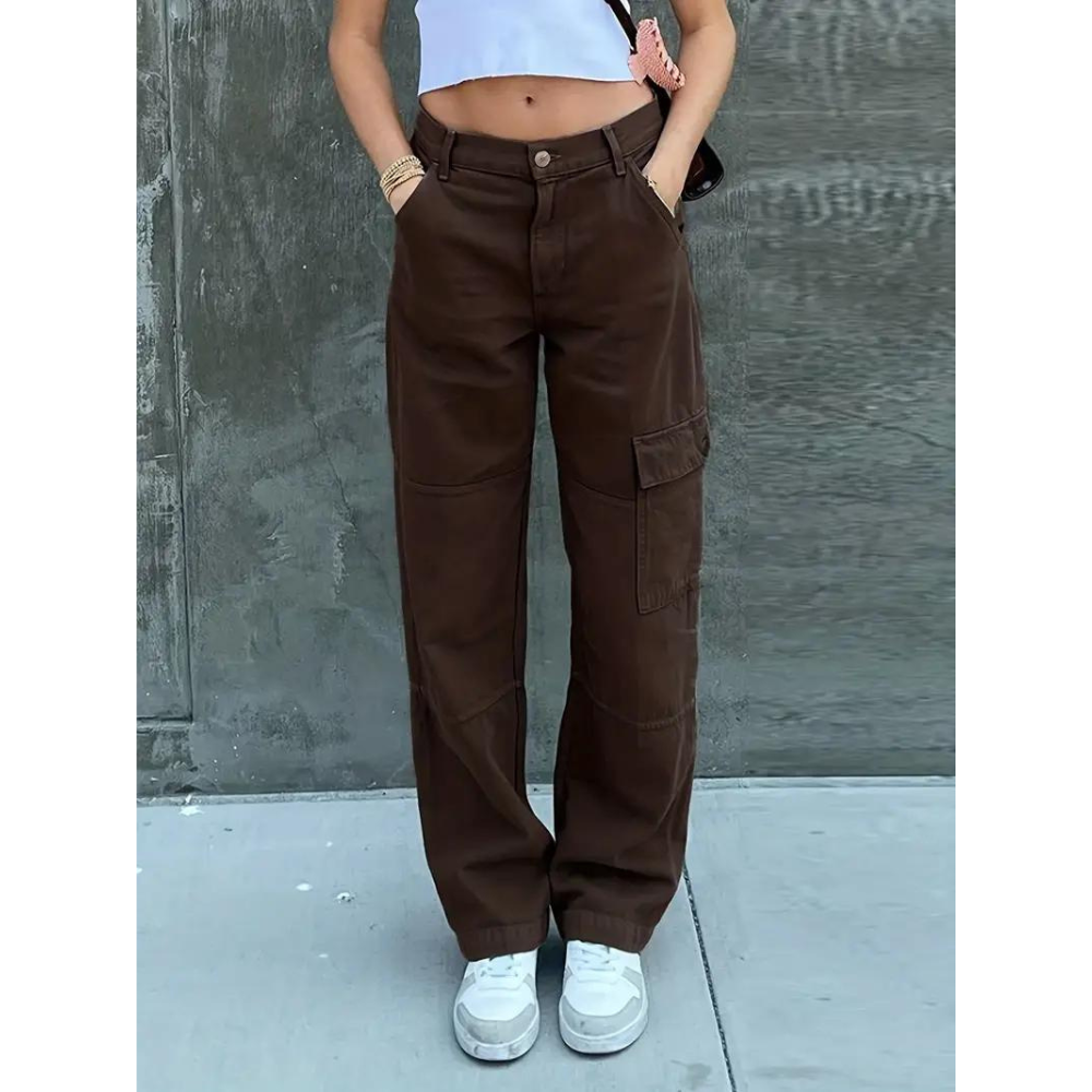 Stoere Cargobroek met zakken voor dames-Wijde Broeken-Calora-Bruin-S-Calora