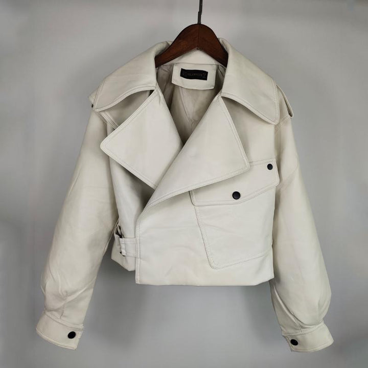 Stoere en stijlvolle faux leren jas-Leren Jassen-Calora-Beige-S-Calora