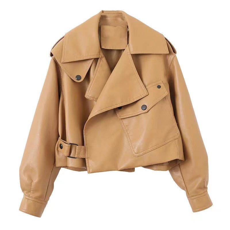 Stoere en stijlvolle faux leren jas-Leren Jassen-Calora-Khaki-S-Calora
