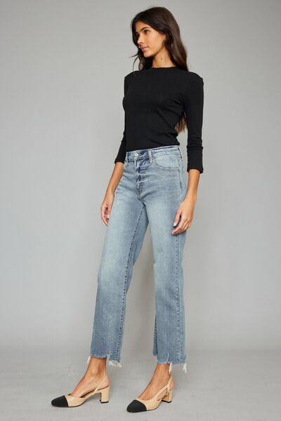 Taylin | Hoge taille cropped Spijkerbroek met ruwe zoom-Wijde Broeken-Calora-S-Calora