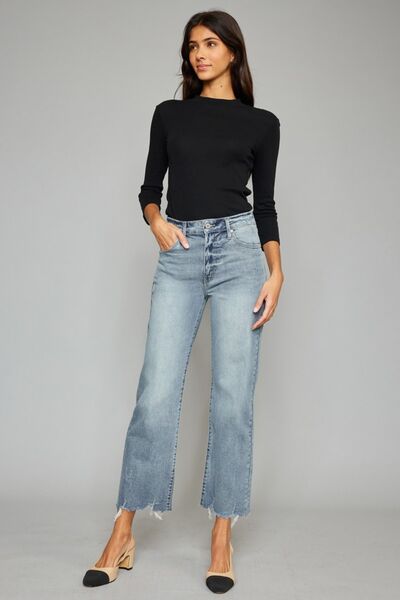 Taylin | Hoge taille cropped Spijkerbroek met ruwe zoom-Wijde Broeken-Calora-S-Calora