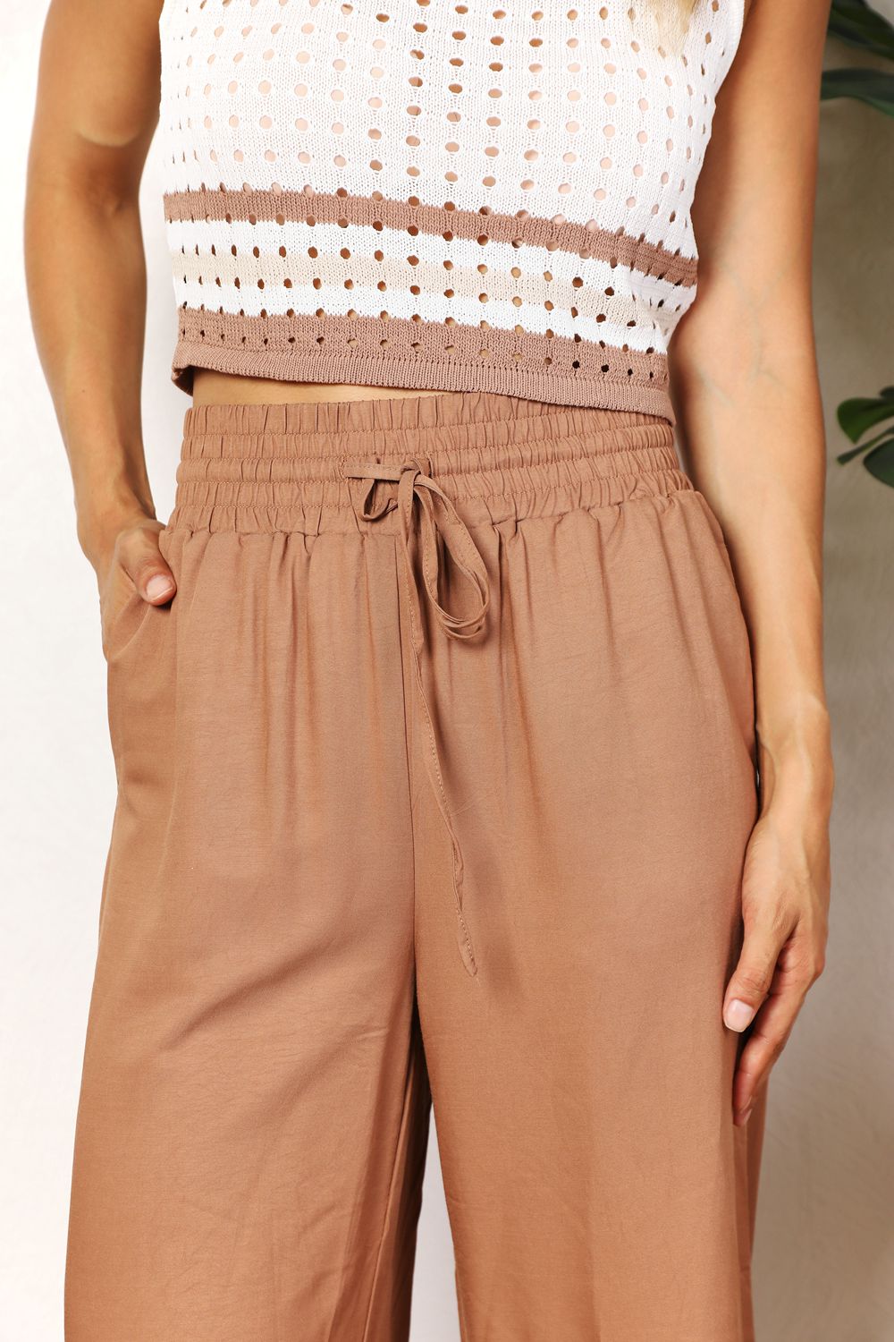 Trekkoord taille wijde pijpen broek-Wijde Broeken-Calora-Kameel-S-Calora