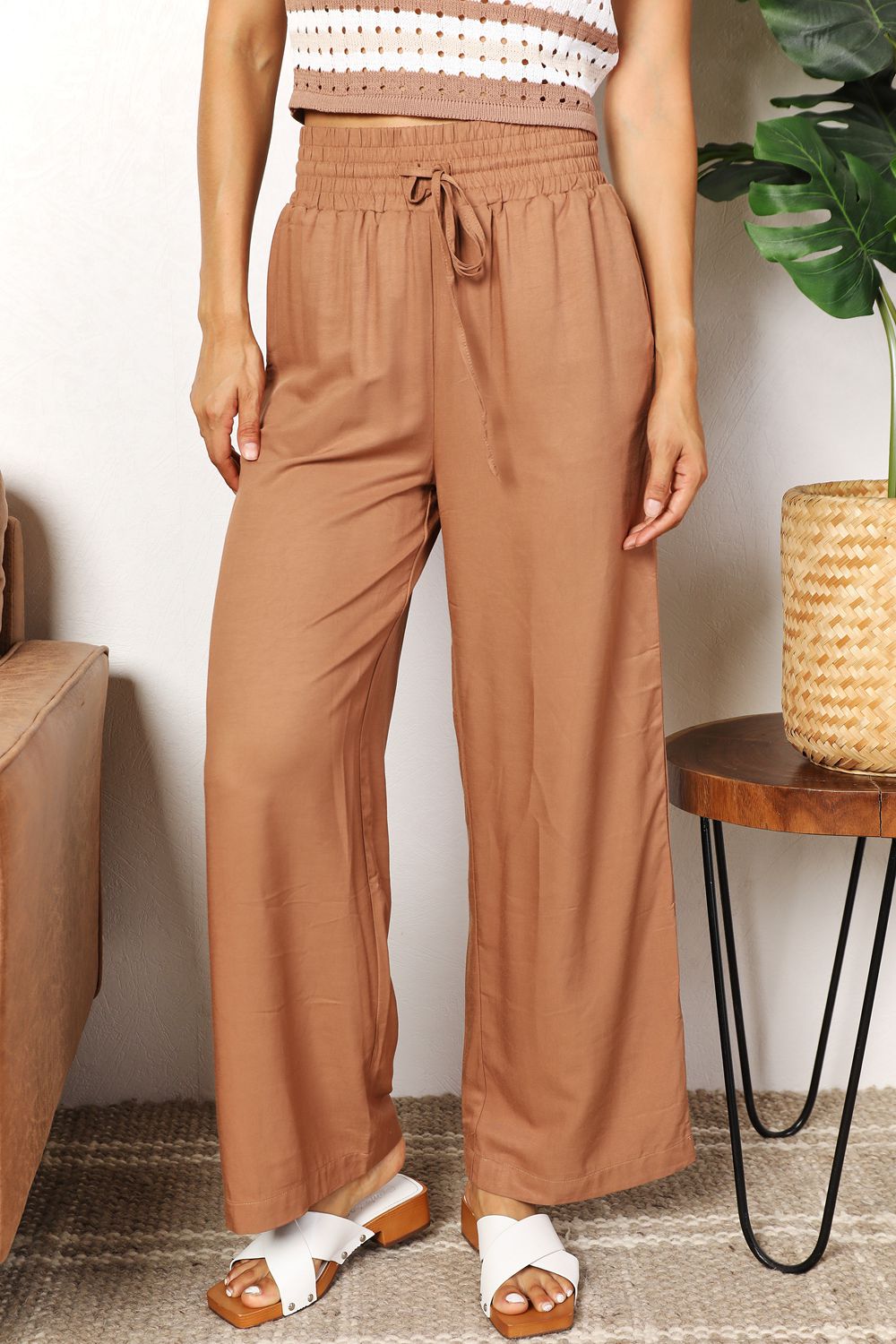 Trekkoord taille wijde pijpen broek-Wijde Broeken-Calora-Kameel-S-Calora