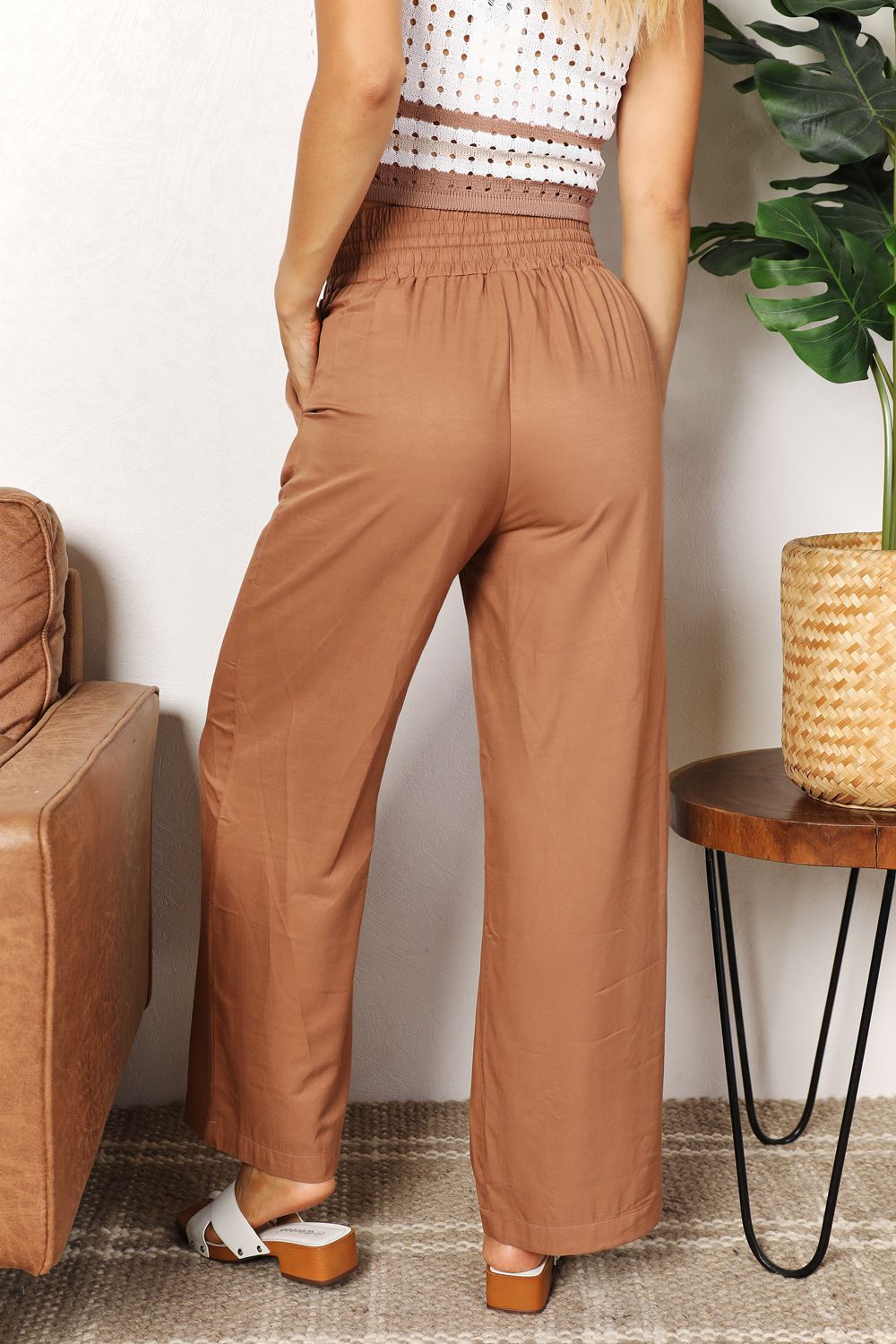 Trekkoord taille wijde pijpen broek-Wijde Broeken-Calora-Kameel-S-Calora