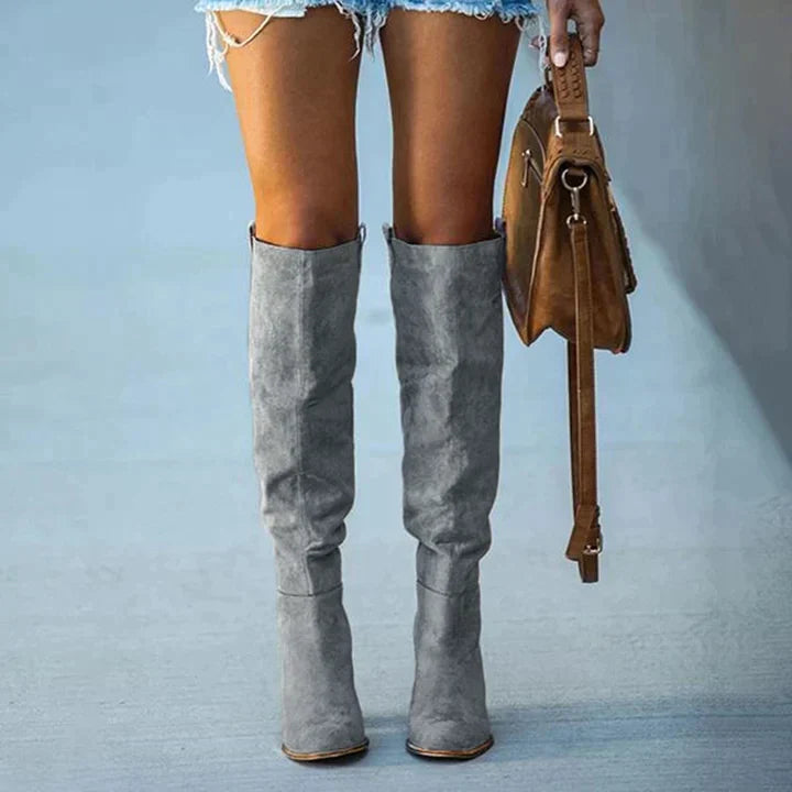 CALORA_ Trendy Grijze Blokhakken Laarzen met Urban Western Stijl