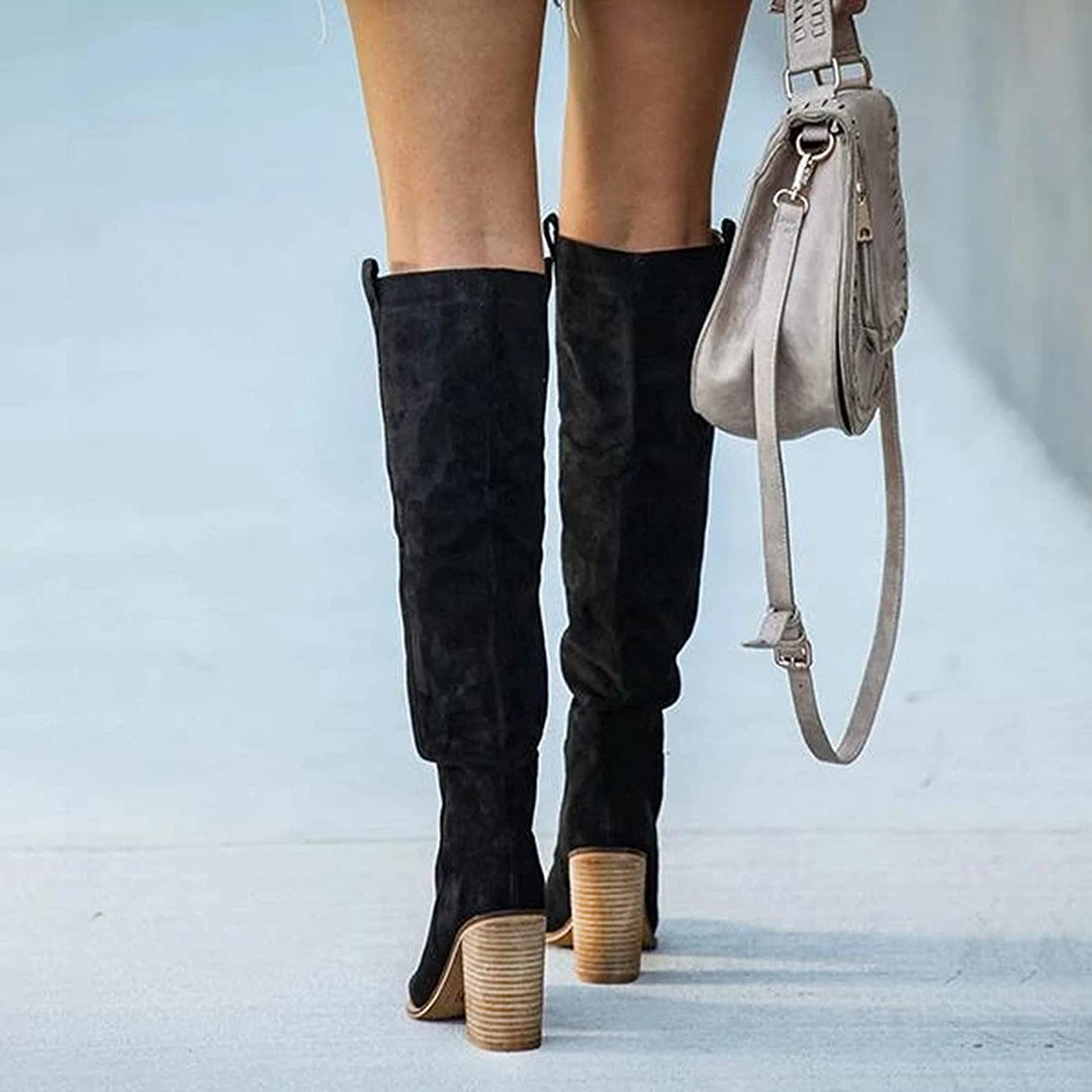 CALORA_ Trendy Grijze Blokhakken Laarzen met Urban Western Stijl