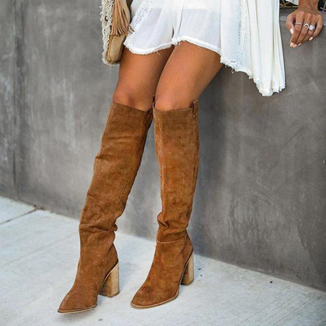CALORA_ Trendy Grijze Blokhakken Laarzen met Urban Western Stijl