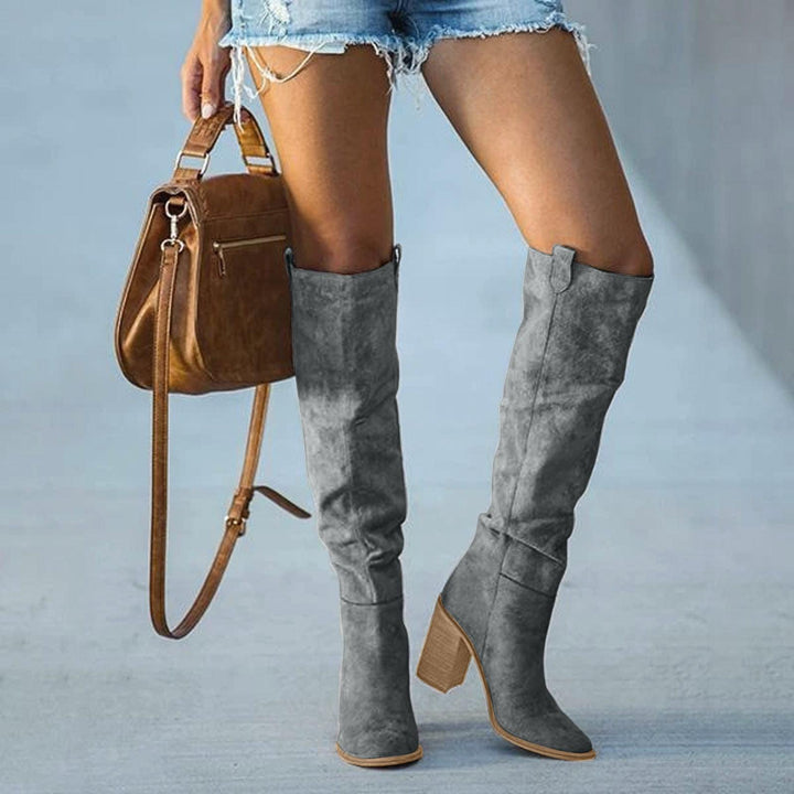 CALORA_ Trendy Grijze Blokhakken Laarzen met Urban Western Stijl