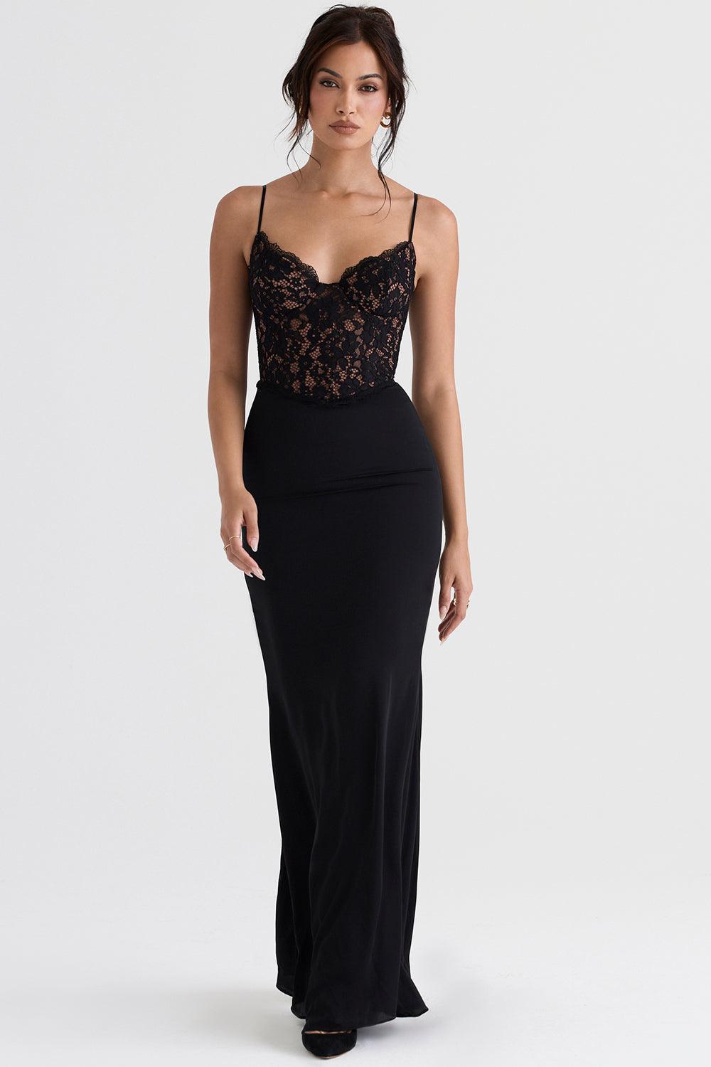 Triana | Zwarte korset maxi jurk-Feest Jurken-Calora-XS-Calora