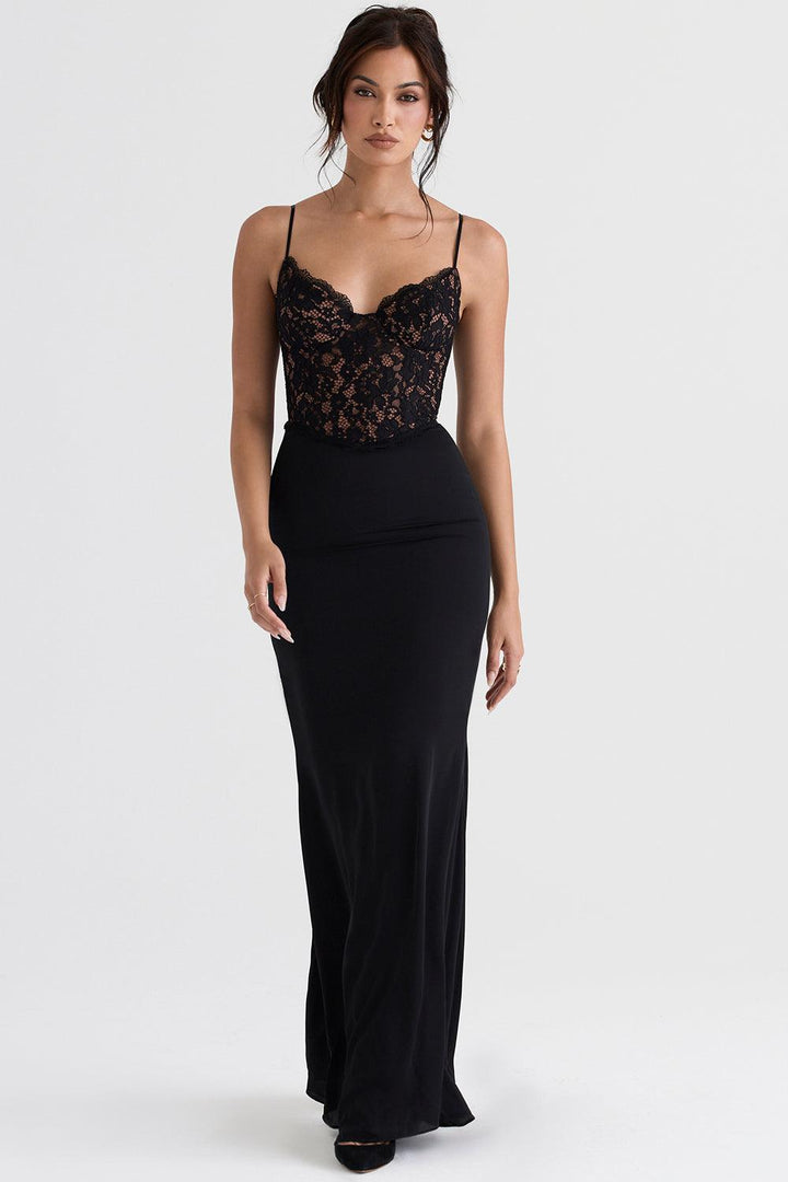Triana | Zwarte korset maxi jurk-Feest Jurken-Calora-XS-Calora