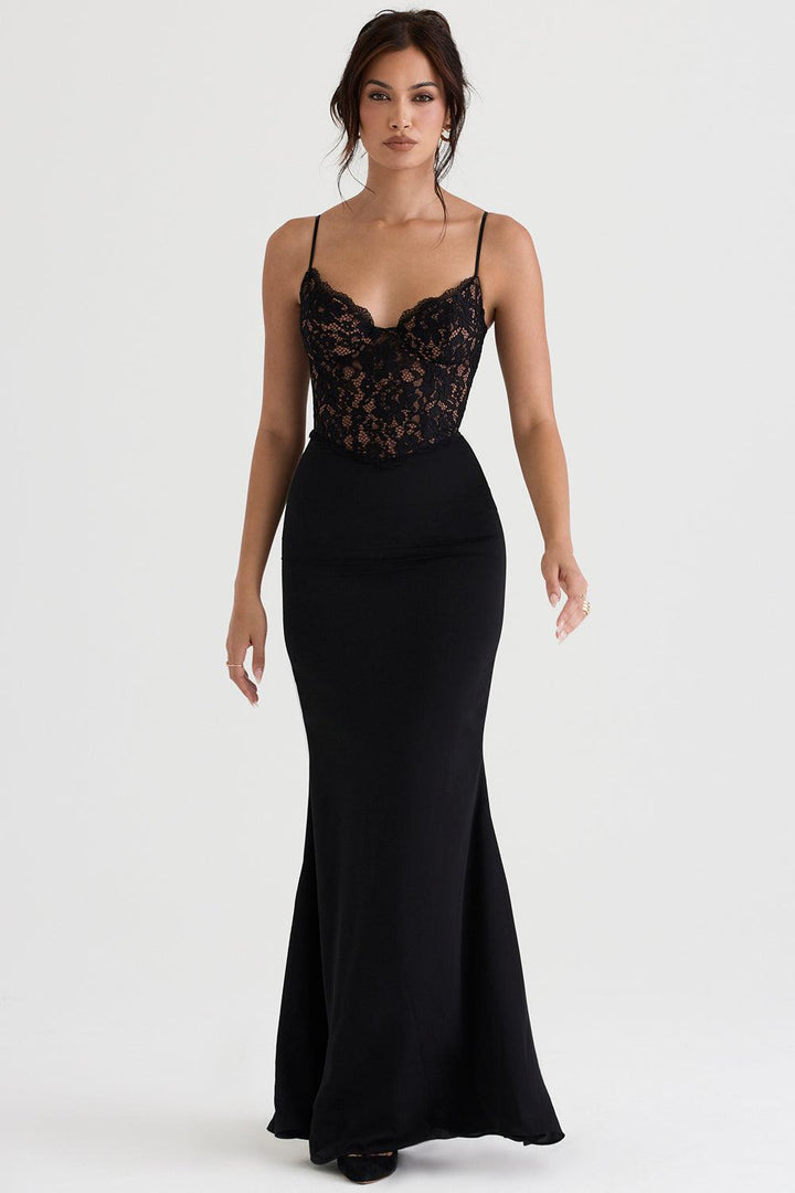 Triana | Zwarte korset maxi jurk-Feest Jurken-Calora-XS-Calora