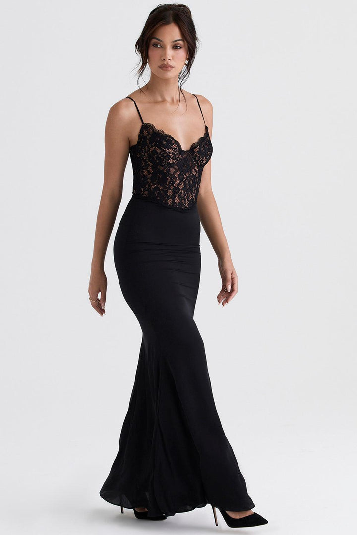 Triana | Zwarte korset maxi jurk-Feest Jurken-Calora-XS-Calora