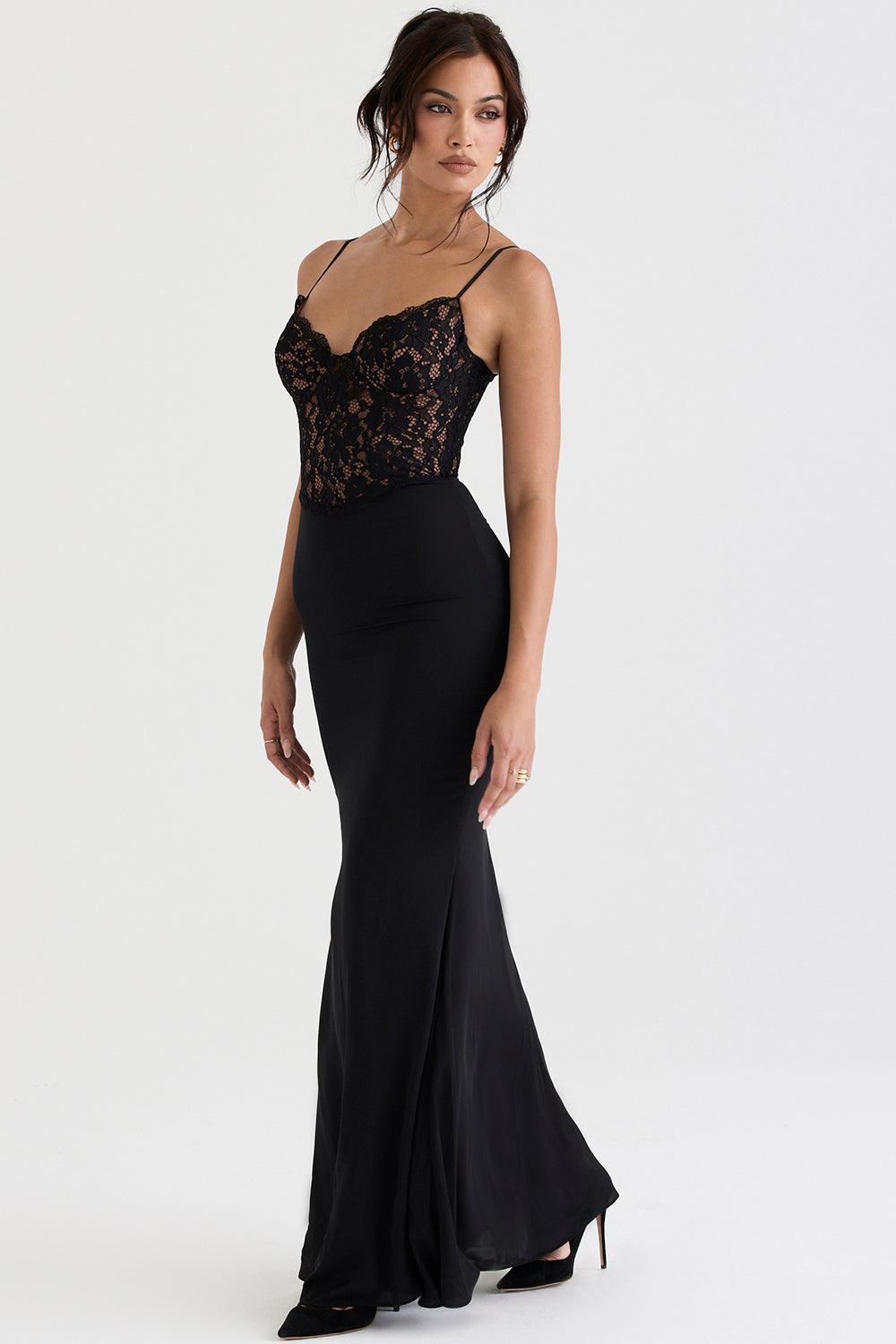 Triana | Zwarte korset maxi jurk-Feest Jurken-Calora-XS-Calora