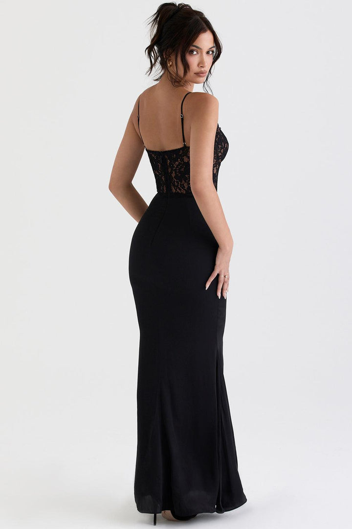 Triana | Zwarte korset maxi jurk-Feest Jurken-Calora-XS-Calora