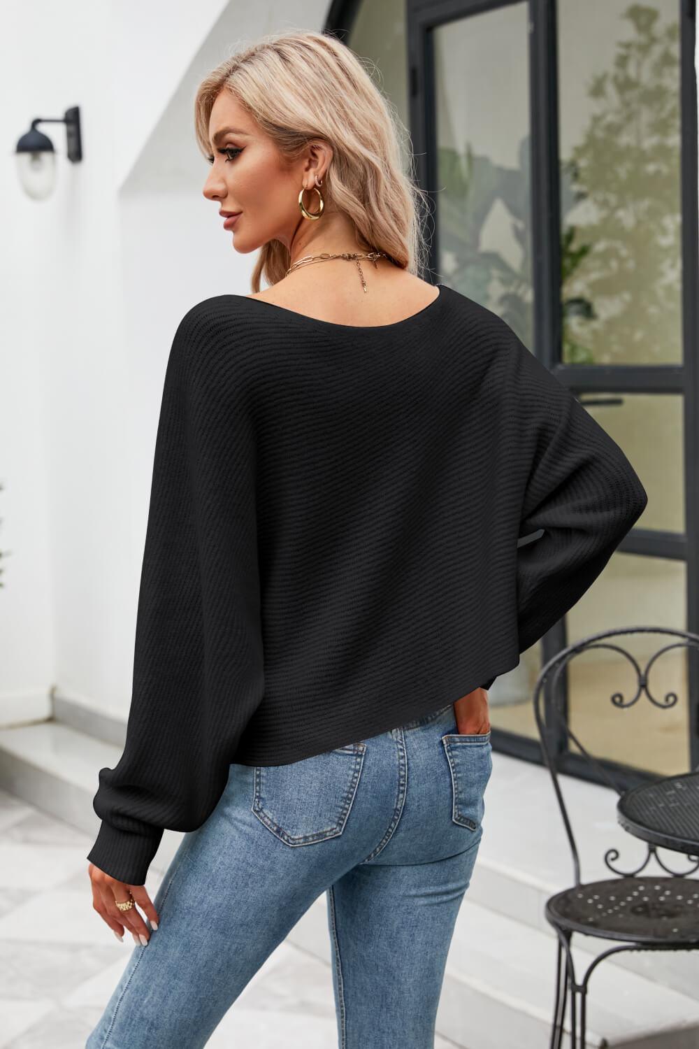 Trui met boothals, horizontale ribbels en dolmanmouwen-Blazers & Vesten-Calora-Zwart-S-Calora