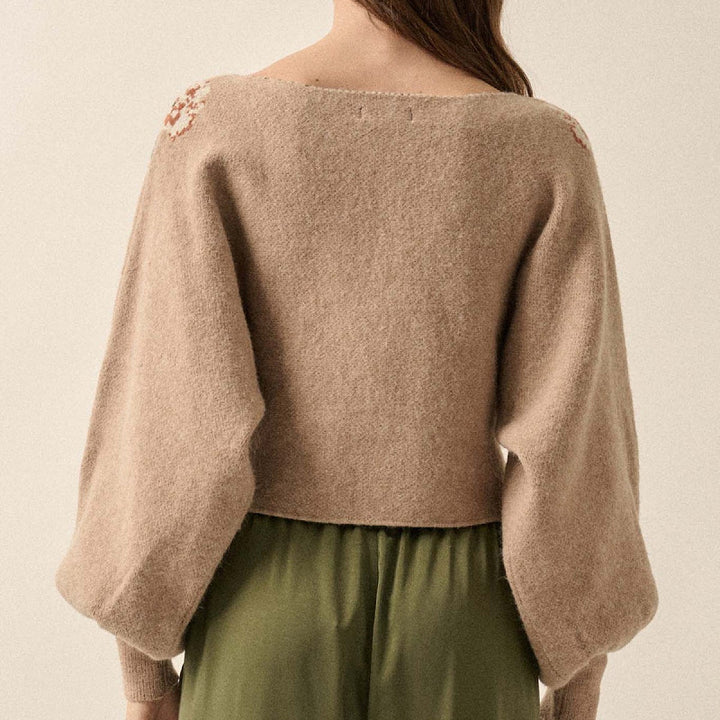 CALORA_ Trui met Ronde Hals en Lange Mouwen van Wol en Mohair met Bloemenpatroon