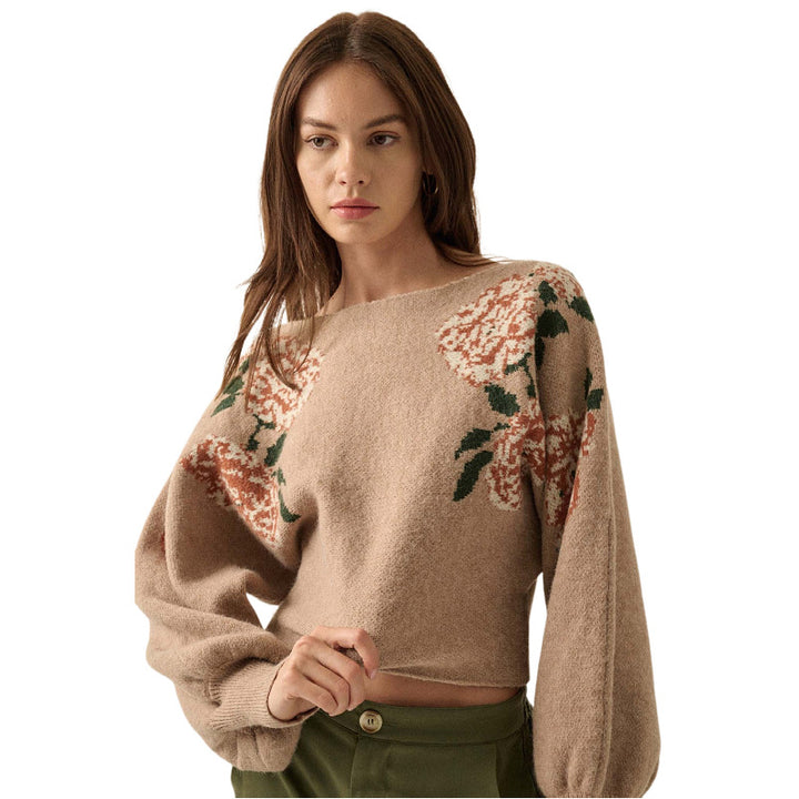 CALORA_ Trui met Ronde Hals en Lange Mouwen van Wol en Mohair met Bloemenpatroon