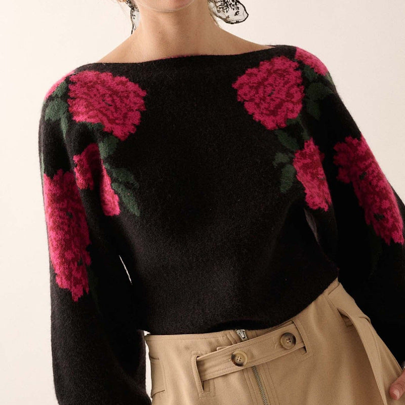 CALORA_ Trui met Ronde Hals en Lange Mouwen van Wol en Mohair met Bloemenpatroon