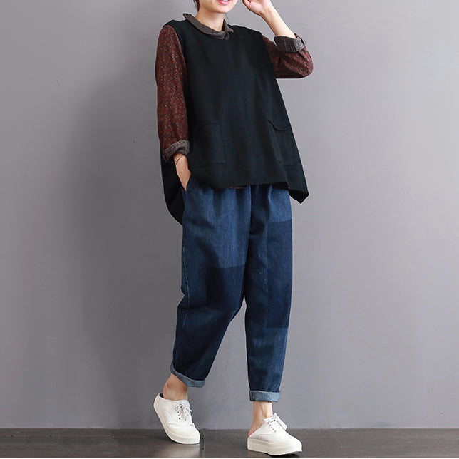 Trui plus maat grote zakken truien mouwloos shirt-Blouses-Calora-Calora