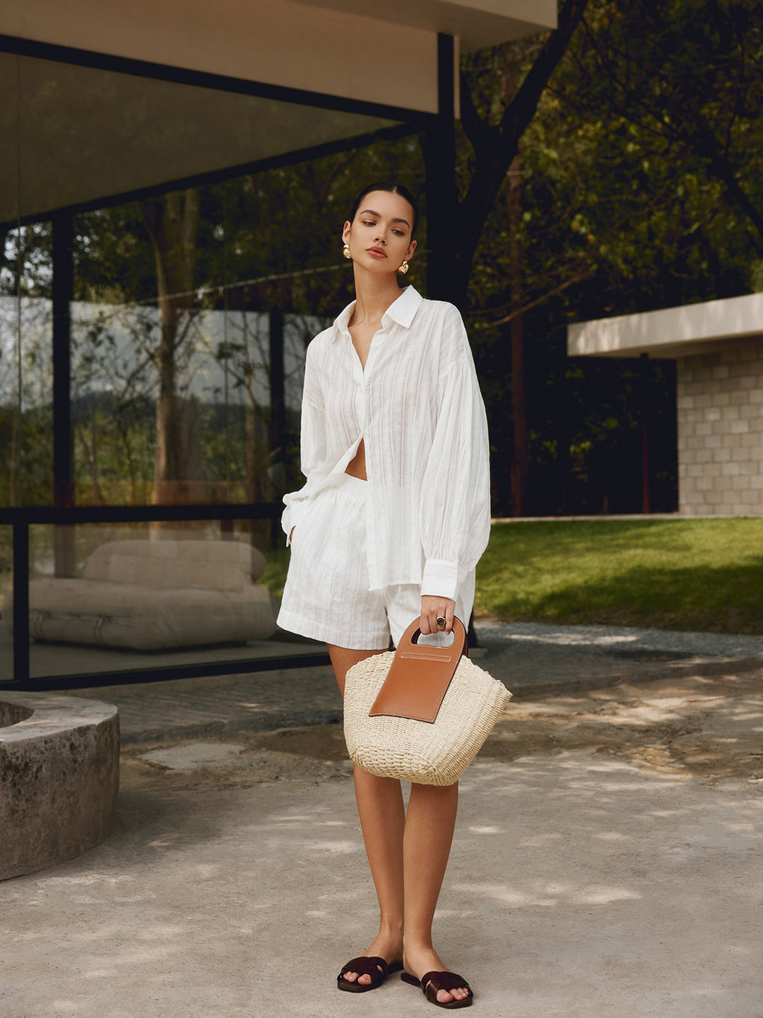 Twee-kleurige Beige Stro Handtas-Handtassen-Calora-Khaki-Calora